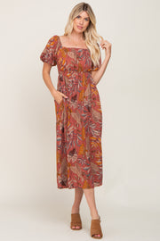 Rust Leaf Print Square Neckline Midi Dress