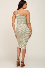 Green Striped Button Accent Midi Dress