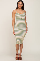 Green Striped Button Accent Midi Dress