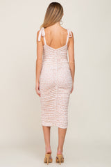 Light Pink Animal Print Ruched Shoulder Tie Maternity Dress