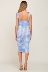 Blue Gingham Print Ruched Shoulder Tie Maternity Dress