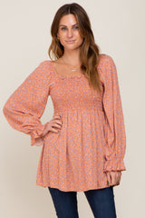 Peach Floral Smocked Square Neck Maternity Top