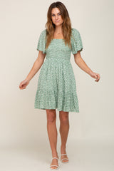 Light Olive Floral Smocked Square Neck Ruffle Hem Dress