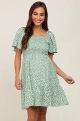 Light Olive Floral Smocked Square Neck Ruffle Hem Maternity Dress