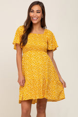 Yellow Floral Smocked Square Neck Ruffle Hem Maternity Dress