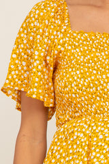 Yellow Floral Smocked Square Neck Ruffle Hem Maternity Dress