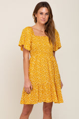 Yellow Floral Smocked Square Neck Ruffle Hem Dress