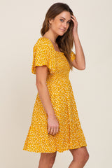 Yellow Floral Smocked Square Neck Ruffle Hem Dress