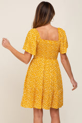 Yellow Floral Smocked Square Neck Ruffle Hem Dress