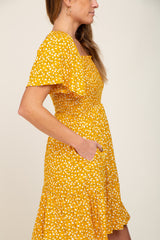 Yellow Floral Smocked Square Neck Ruffle Hem Dress