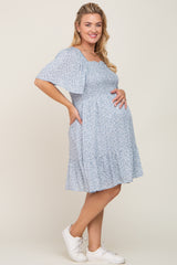 Light Blue Floral Smocked Square Neck Ruffle Hem Maternity Plus Dress