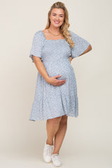 Light Blue Floral Smocked Square Neck Ruffle Hem Maternity Plus Dress