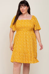 Yellow Floral Smocked Square Neck Ruffle Hem Maternity Plus Dress