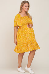 Yellow Floral Smocked Square Neck Ruffle Hem Maternity Plus Dress