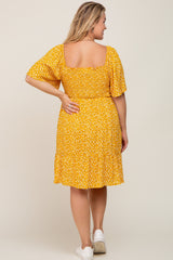 Yellow Floral Smocked Square Neck Ruffle Hem Maternity Plus Dress