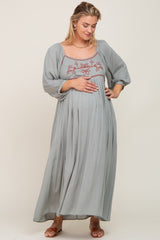 Mint Embroidered 3/4 Sleeve Plus Maternity Maxi Dress