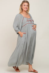 Mint Embroidered 3/4 Sleeve Plus Maternity Maxi Dress