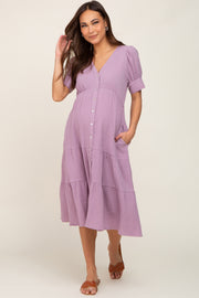 Lavender Button Down Short Sleeve Maternity Dress