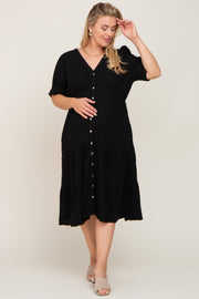 Black Button Down Short Sleeve Plus Maternity Dress