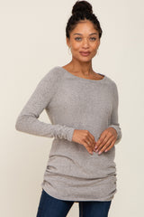 Beige Brushed Knit Ruched Maternity Top