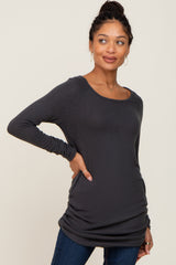 Charcoal Brushed Knit Ruched Top