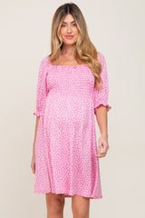 Pink Floral Smocked Square Neck Maternity Dress