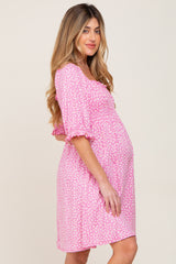 Pink Floral Smocked Square Neck Maternity Dress