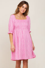 Pink Floral Smocked Square Neck Maternity Dress