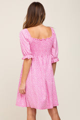 Pink Floral Smocked Square Neck Dress