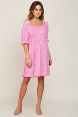 Pink Floral Smocked Square Neck Dress