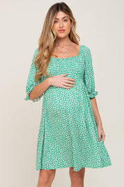 Green Floral Smocked Square Neck Maternity Dress