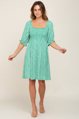 Green Floral Smocked Square Neck Dress