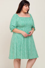 Green Floral Smocked Square Neck Plus Dress