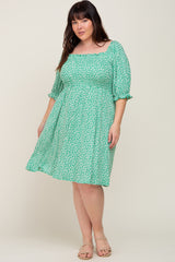 Green Floral Smocked Square Neck Plus Dress