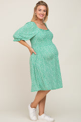 Green Floral Smocked Square Neck Maternity Plus Dress