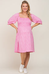 Pink Floral Smocked Square Neck Maternity Plus Dress