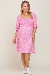 Pink Floral Smocked Square Neck Maternity Plus Dress