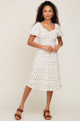 Ivory Smocked Floral Puff Sleeve Dress