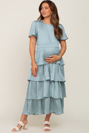 Light Olive Textured Satin Ruffle Tiered Maternity Maxi Dress