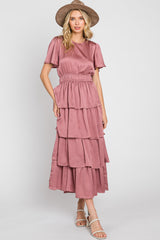 Mauve Textured Satin Ruffle Tiered Maxi Dress