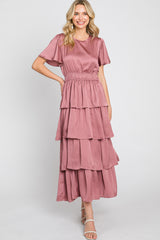 Mauve Textured Satin Ruffle Tiered Maxi Dress