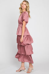 Mauve Textured Satin Ruffle Tiered Maxi Dress