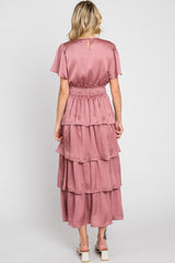 Mauve Textured Satin Ruffle Tiered Maxi Dress