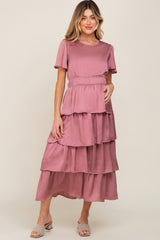 Mauve Textured Satin Ruffle Tiered Maternity Maxi Dress