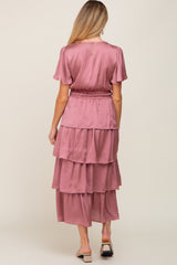 Mauve Textured Satin Ruffle Tiered Maternity Maxi Dress