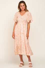 Peach Floral Smocked V-Neck Short Sleeve Midi Dress