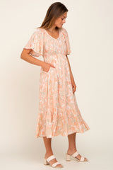 Peach Floral Smocked V-Neck Short Sleeve Midi Dress