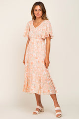 Peach Floral Smocked V-Neck Short Sleeve Midi Dress