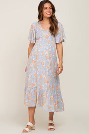 Light Blue Floral Smocked V-Neck Short Sleeve Maternity Midi Dress