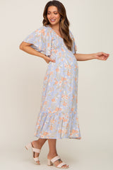Light Blue Floral Smocked V-Neck Short Sleeve Maternity Midi Dress